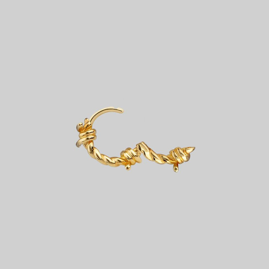 SURVIVAL. Symbolic Barbed Wire Clicker Hoop Earrings - Gold barbed wire clicker hoop earring