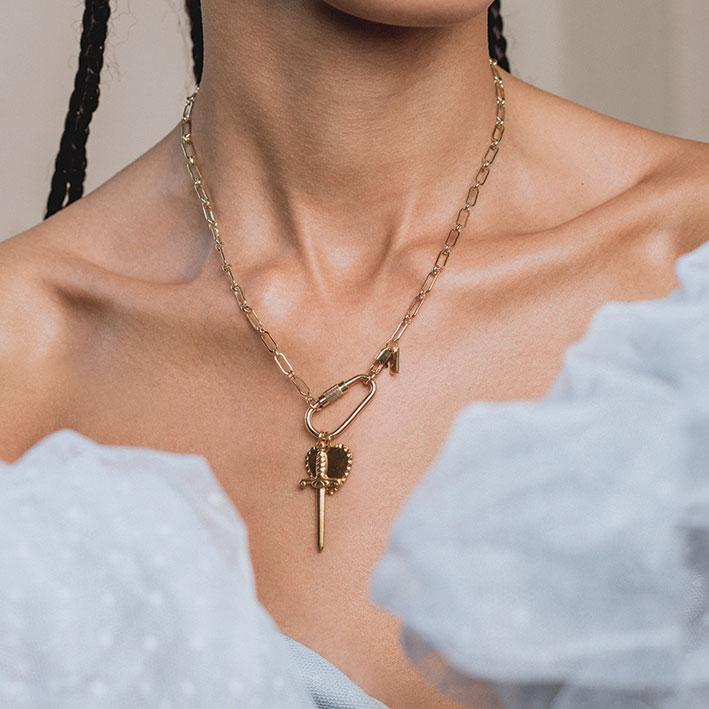 TORMENT. Heart & Dagger Carabiner Charm Necklace - Gold TORMENT. Heart & Dagger Carabiner Charm Necklace - Gold