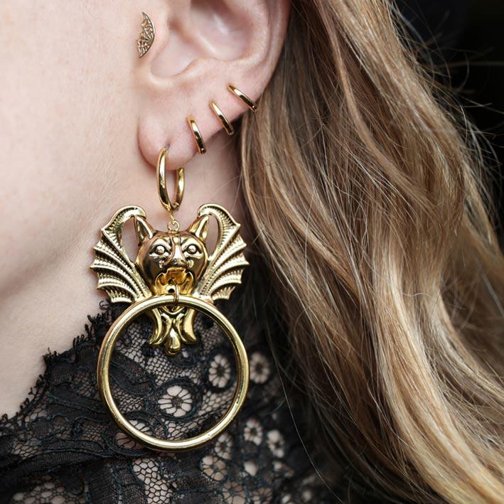 DRAKKAR. Gargoyle Knocker Hoop Earrings - Gold gold door knocker earrings