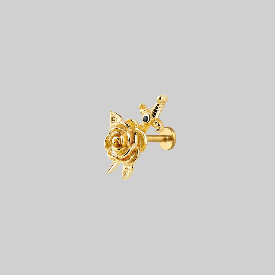 RHAPSODY. Dagger Through Rose Stud Earring - Gold flower and dagger earring gold