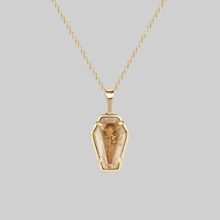 gold plated rose glass coffin necklace