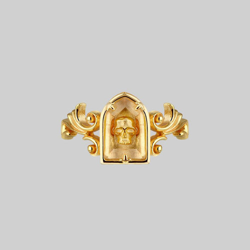 TEMPLE OF CHAMBERS. Garnet CZ Cathedral Ring - Gold