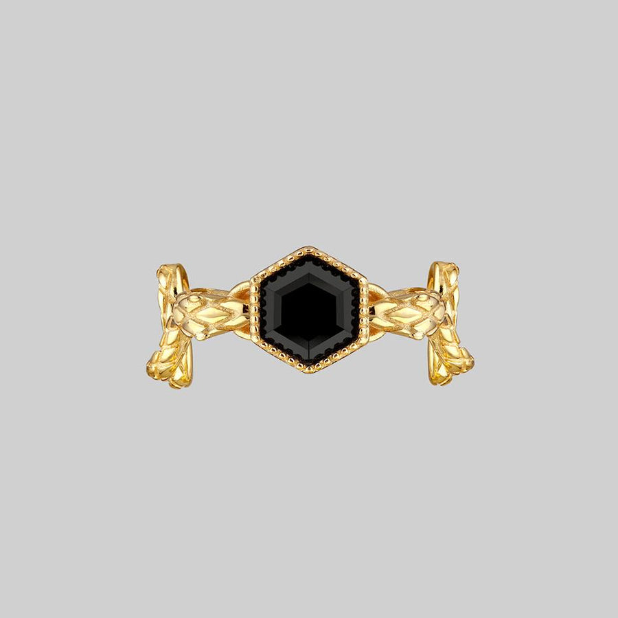 black gemstone and snake ring