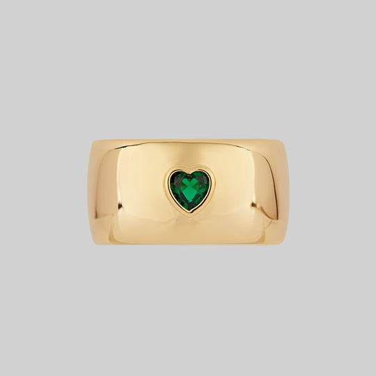 CANDICE. Green Heart Chunky Band Ring - Gold