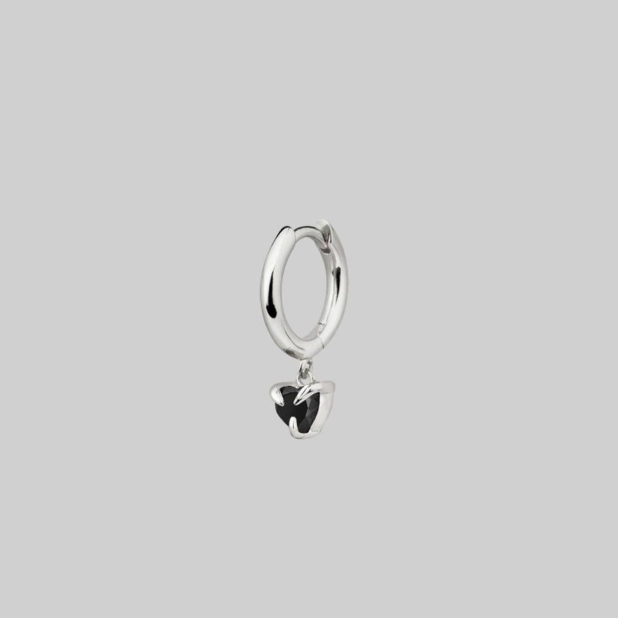 HEART & SOUL. Black Spinel Dangly Heart Hoop Earrings - Silver gothic black heart single earring