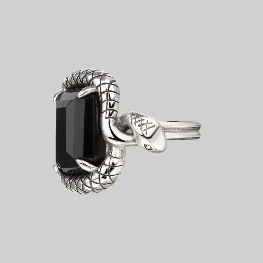 MALICE. Black Spinel Coiled Snake Cocktail Ring - Silver MALICE. Black Spinel Coiled Snake Cocktail Ring - Silver
