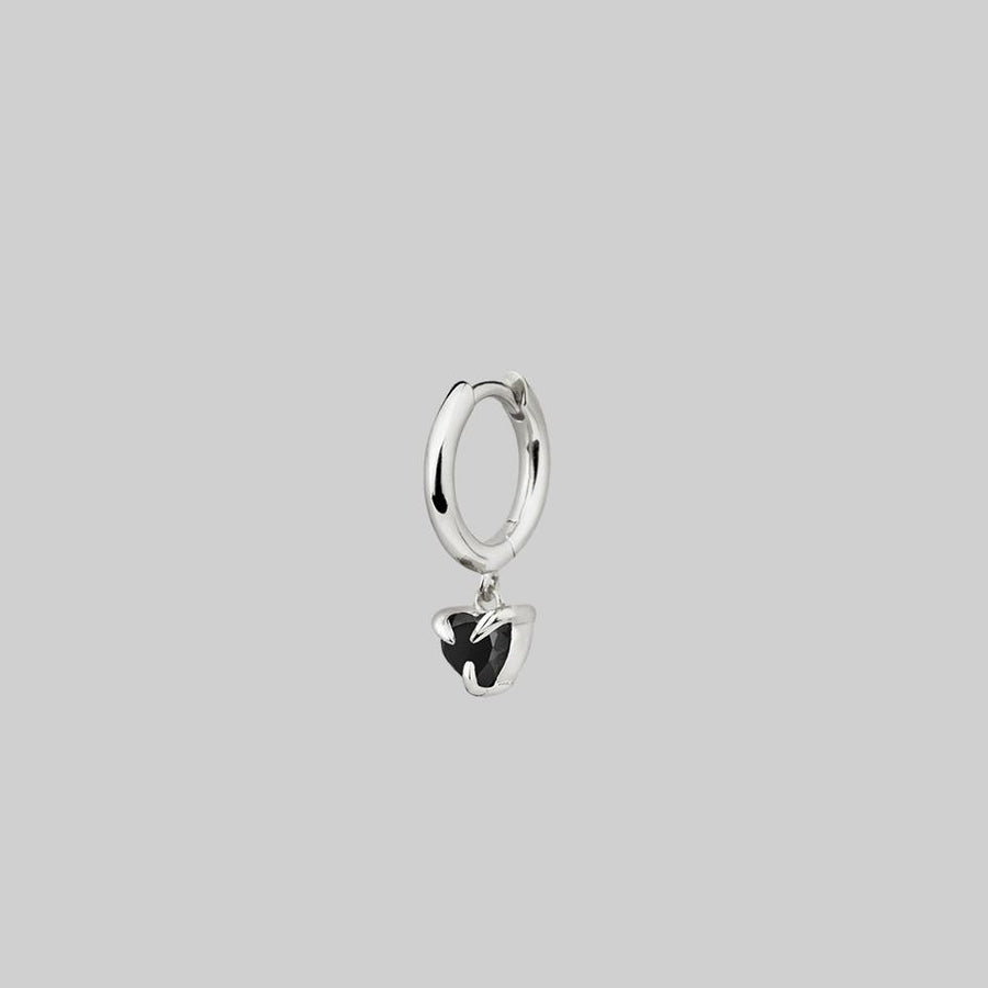 HEART & SOUL. Black Spinel Dangly Heart Clicker Ring - Silver black spinel heart silver hoop earring