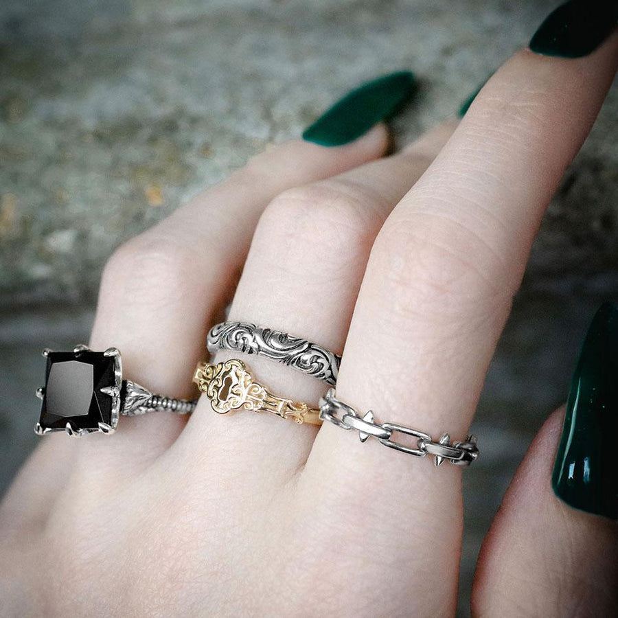 MAUD. Scroll Detail Band Ring - Silver gothic halloween stacking rings