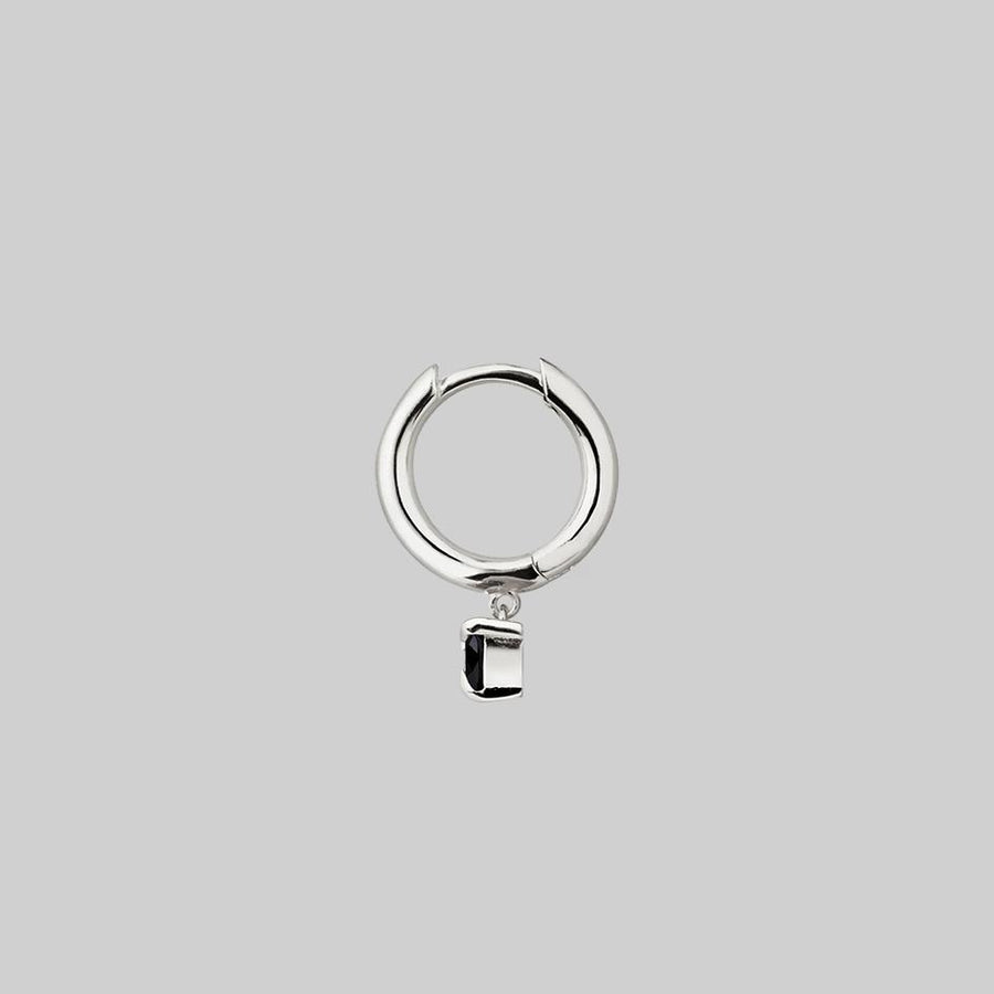 HEART & SOUL. Black Spinel Dangly Heart Hoop Earrings - Silver mini heart hoop earring silver