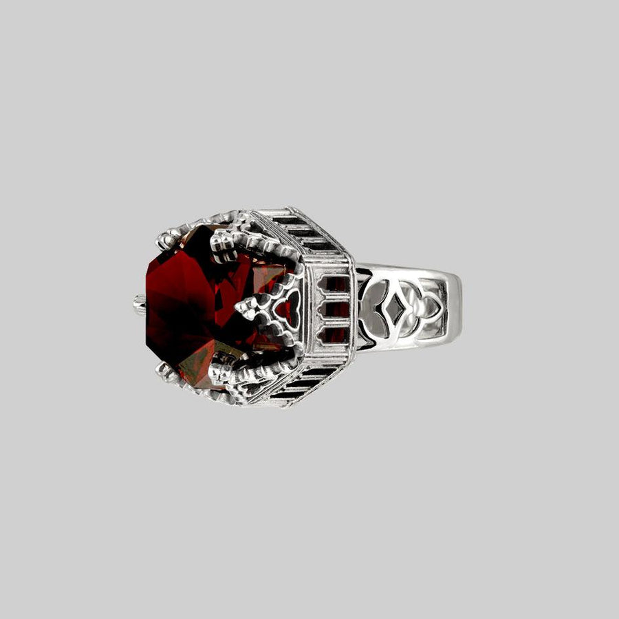 TEMPLE OF CHAMBERS. Garnet CZ Cathedral Ring - Silver silver cathedral gemstone ring