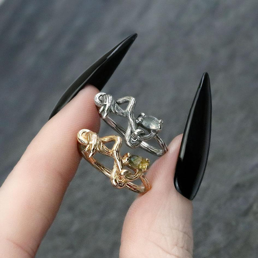 WEEPING WILLOW. Labradorite Branch Ring - Gold natural gemstone twisted band ring