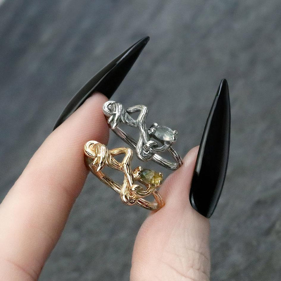 WEEPING WILLOW. Labradorite Branch Ring - Silver natural gemstone twisted band ring