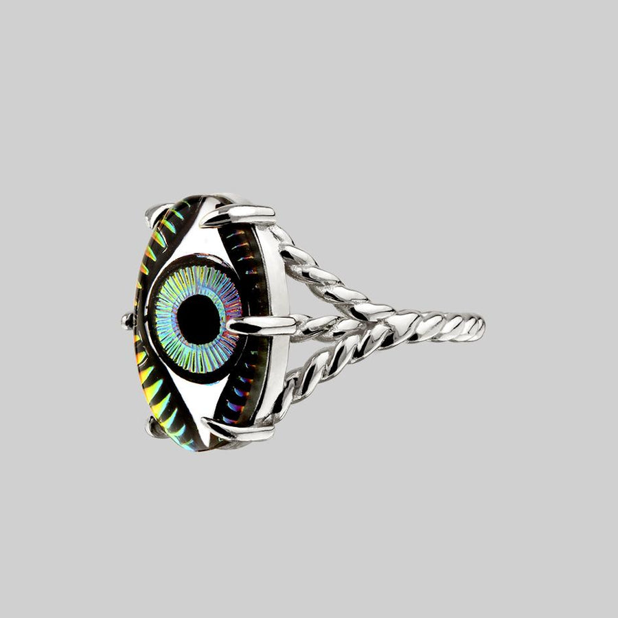 BEHOLD. Iridescent Glass Eye Ring - Silver iridescent glass eye ring silver
