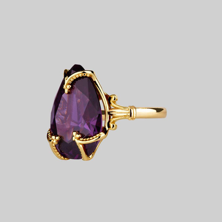 MALEFICENT. Amethyst CZ Gothic Ring - Gold teardrop amethyst ring
