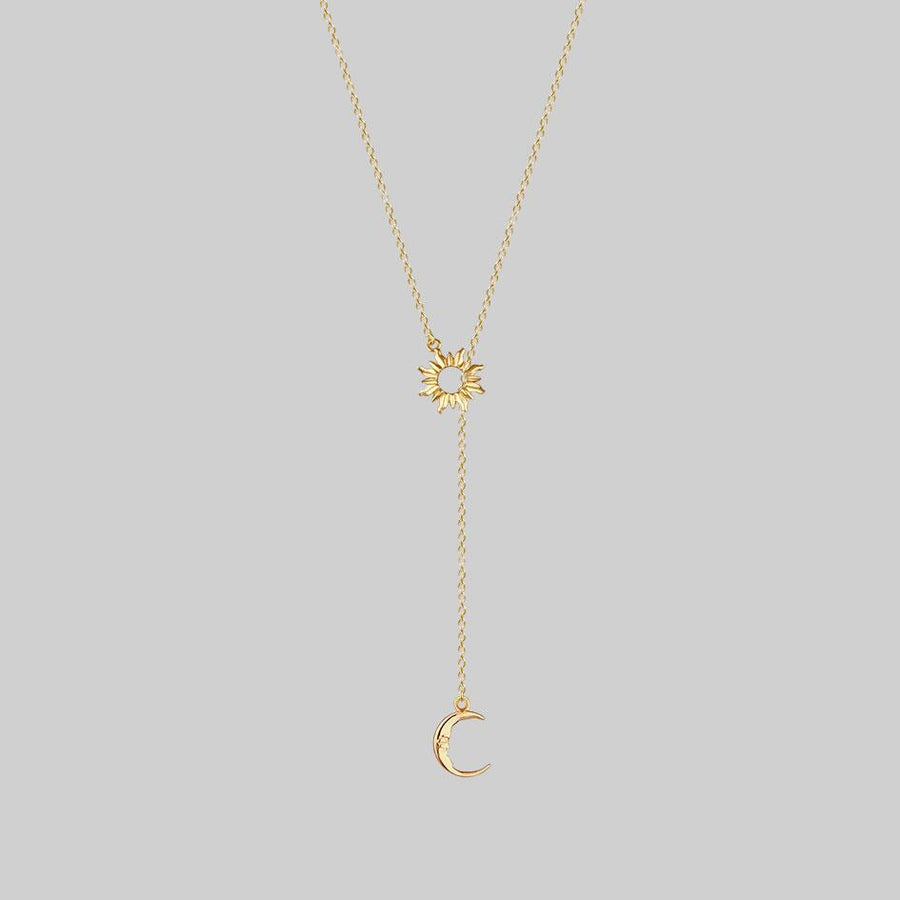 SOLSTICE. Sun & Moon Lariat Necklace - Gold