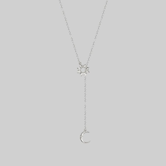 SOLSTICE. Sun & Moon Lariat Necklace - Silver