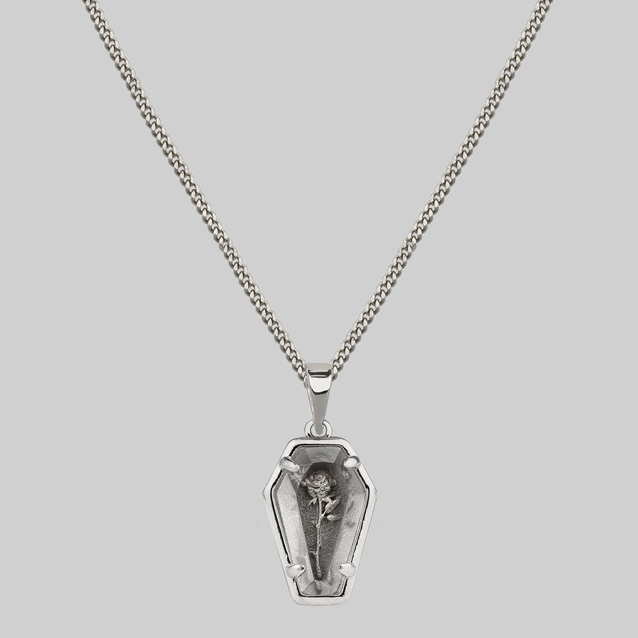 REBIRTH. Rose Under Glass Coffin Necklace - Silver silver necklace with a detailed single rose in a glass coffin pendant