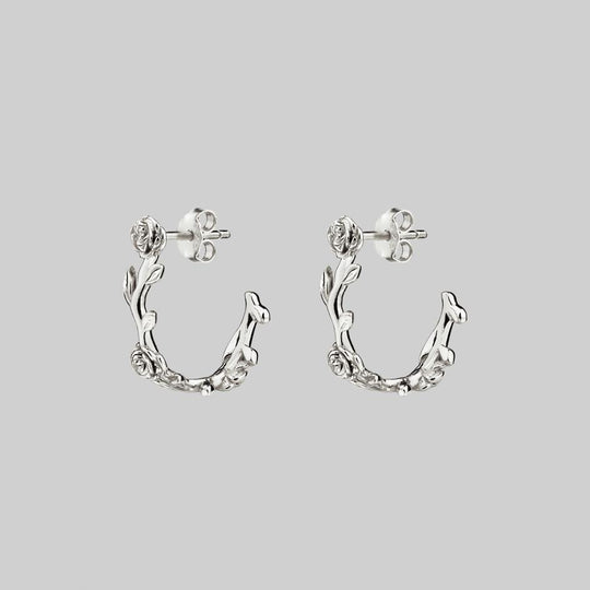 SARAH. Rose Foliage Hoops - Silver