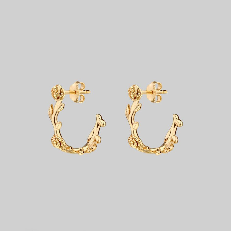 SARAH. Rose Foliage Hoops - Gold gold rose hoop stud earrings