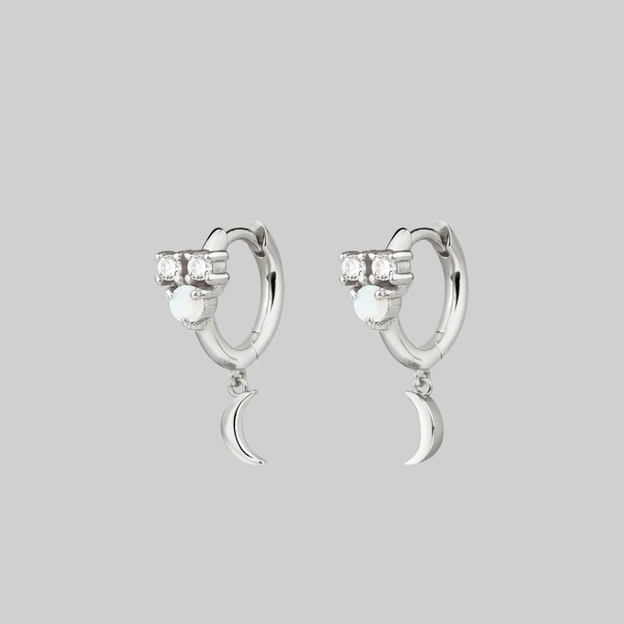 MOONLIGHT. Opal Moon Clicker Hoop Earrings - Silver moon charm earrings with opal gemstone