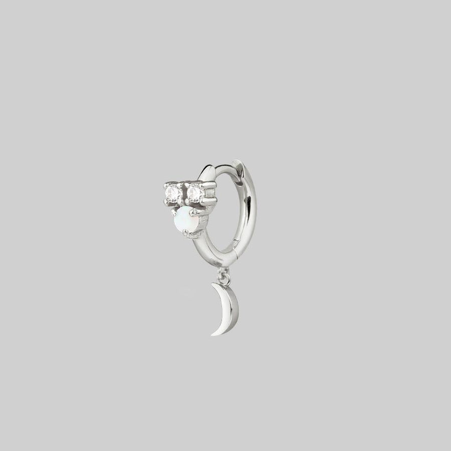 MOONLIGHT. Opal Moon Clicker Hoop Earrings - Silver opal moon charm earring