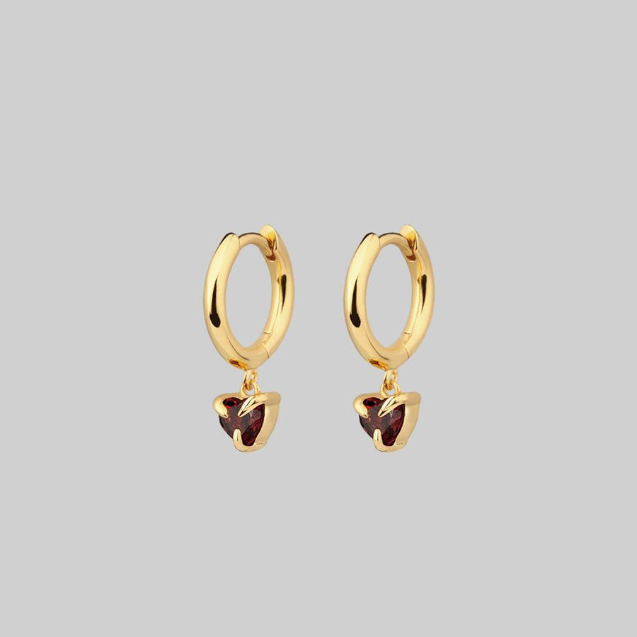 HEART & SOUL. Garnet Dangly Heart Hoop Earrings - Gold garnet gemstone hoop earrings gold