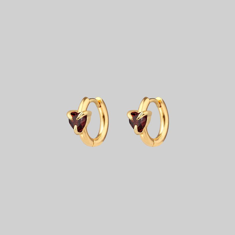HEART & SOUL. Garnet Heart Hoop Earrings - Gold garnet gemstone hoop earrings gold
