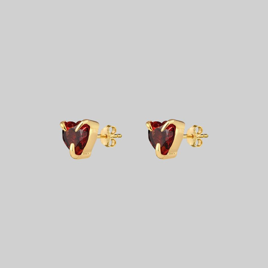 HEART & SOUL. Garnet Heart Stud Earrings - Gold garnet gemstone heart stud earrings
