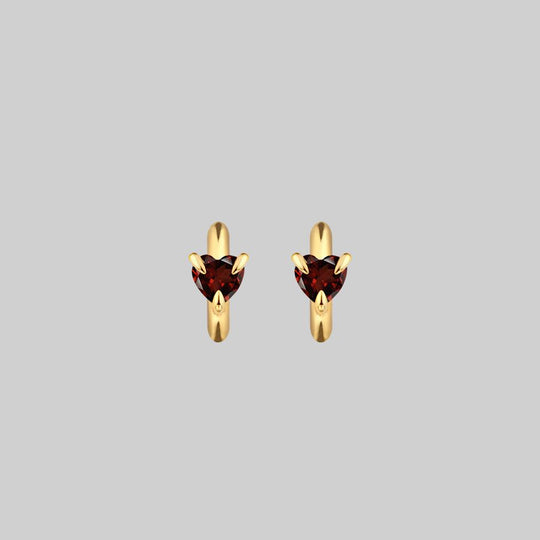HEART & SOUL. Garnet Heart Hoop Earrings - Gold