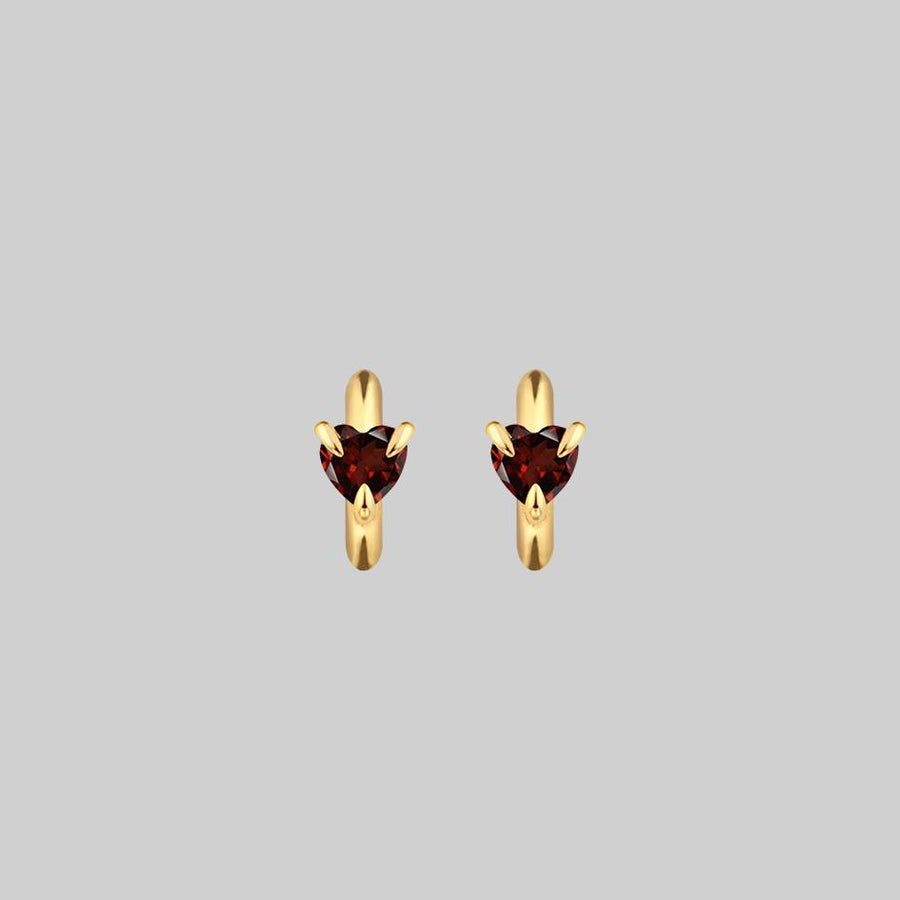 HEART & SOUL. Garnet Heart Hoop Earrings - Gold