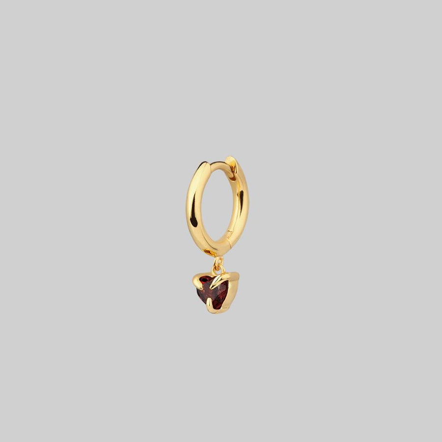 HEART & SOUL. Garnet Dangly Heart Hoop Earrings - Gold gold hoop earring with garnet heart
