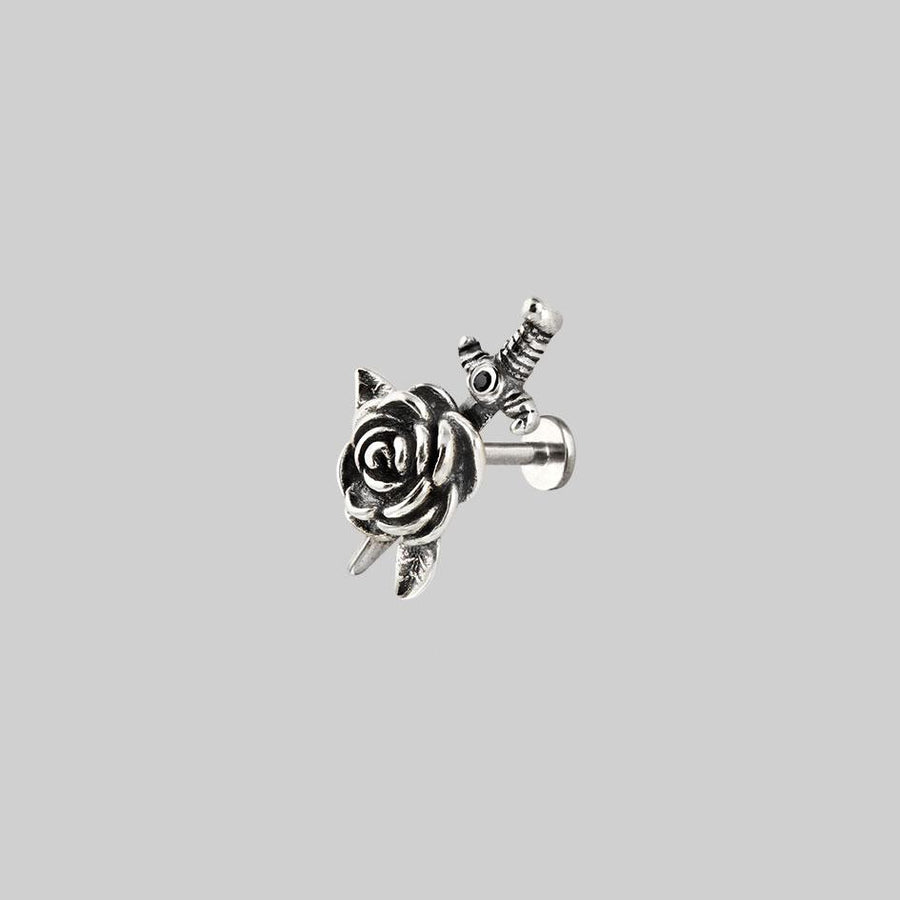 RHAPSODY. Dagger Through Rose Stud Earring - Silver rose and dagger tragus stud