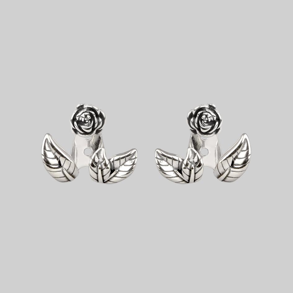 rose and leaf silver earrings