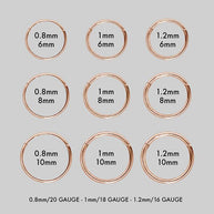 group image detailing the different sizes of the rose gold clicker rings