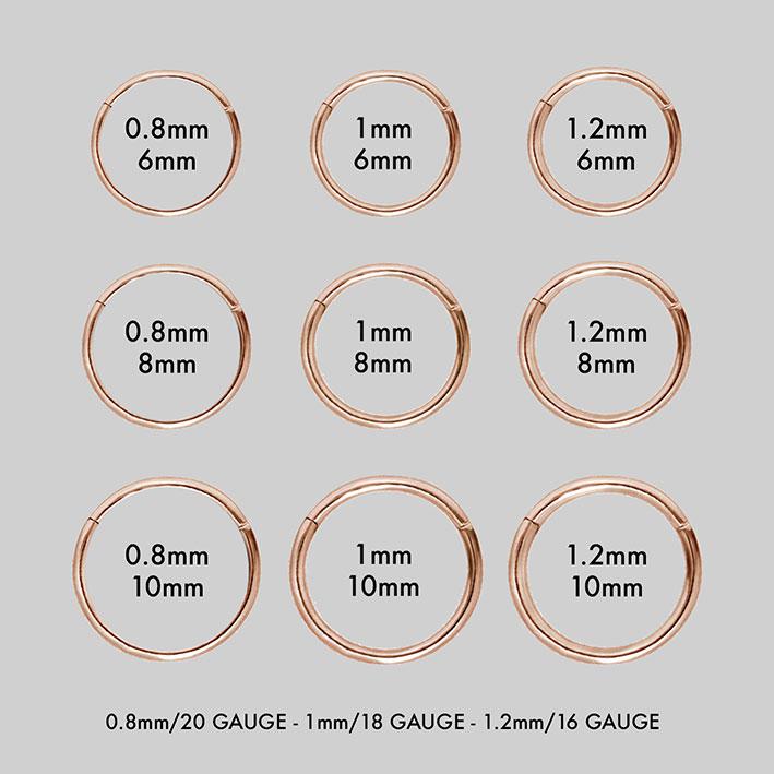 SASHA. Rose Gold Titanium Clicker Ring group image detailing the different sizes of the rose gold clicker rings