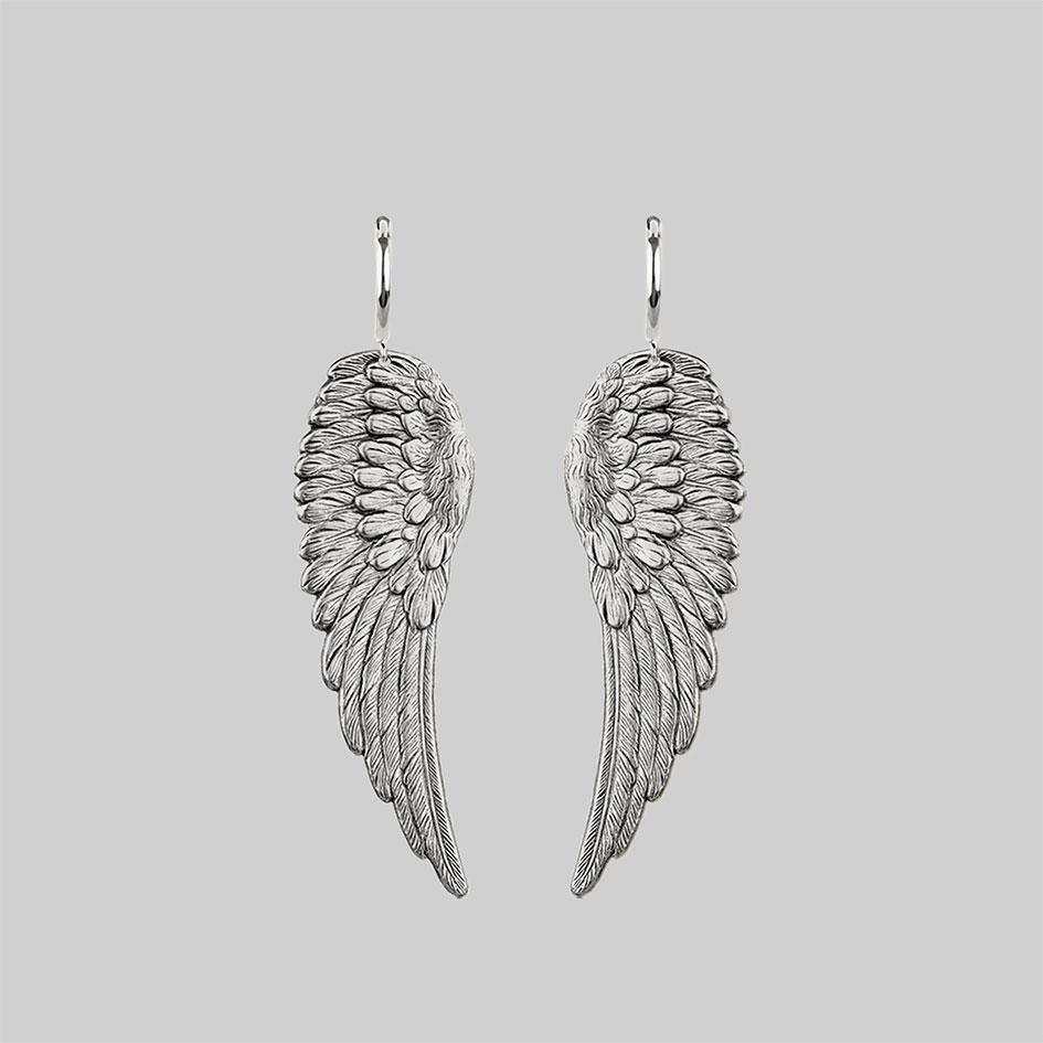 silver angel wing hoop earrings