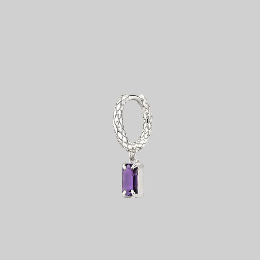 NYMPH. Dangly Amethyst Rectangle Hoop Earrings - Silver snake hoop earring with gemstone