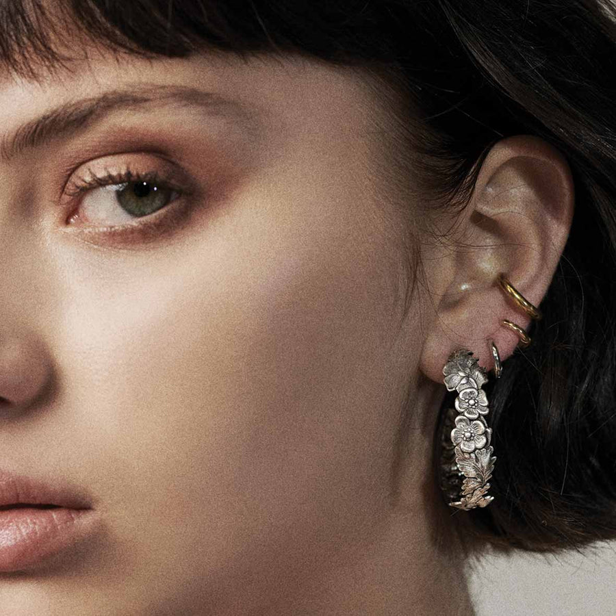 DAHLIA. Floral Garland Hoop Earrings - Silver silver detailed floral hoop