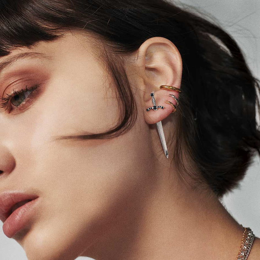 MAJESTY. Black Spinel Dagger Single Earring - Silver silver gemstone dagger earrings