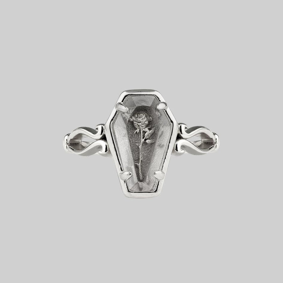 silver glass coffin rose ring