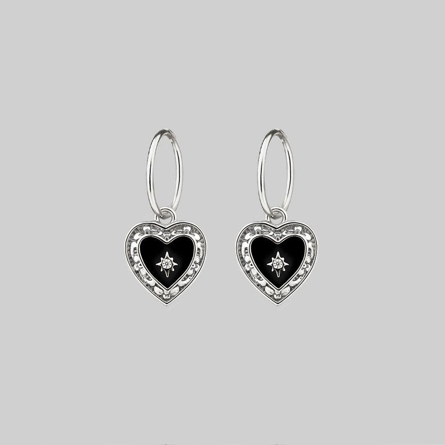 SOLEMN. Black Enamel Heart Hoop Earrings - Silver