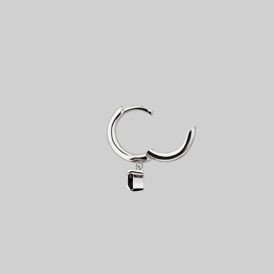 HEART & SOUL. Black Spinel Dangly Heart Clicker Ring - Silver silver hoop earring with black heart