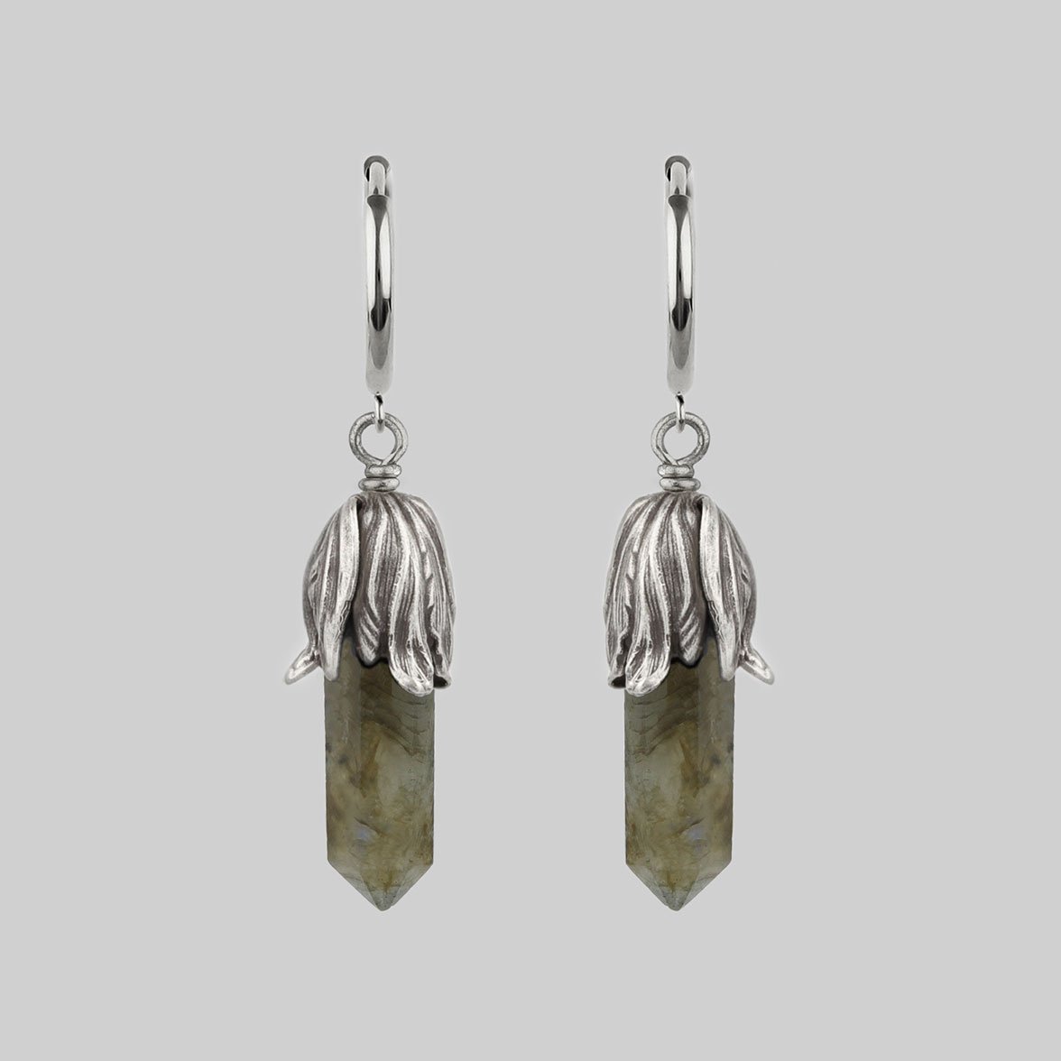DEATH BLOOM. Labradorite Gemstone Hoop Earrings - Silver