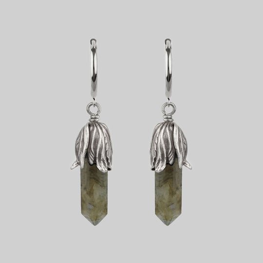 DEATH BLOOM. Labradorite Gemstone Hoop Earrings - Silver