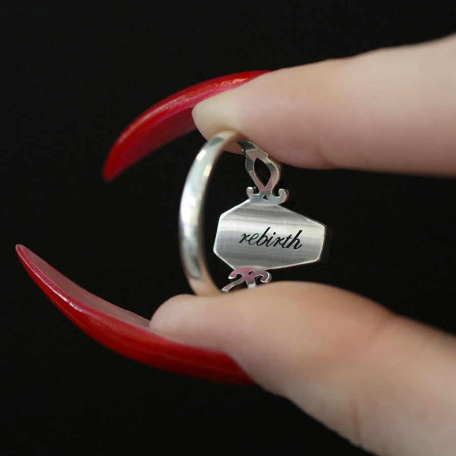 REBIRTH. Rose Under Glass Coffin Ring - Silver silver glass coffin ring