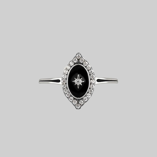 REVERENCE. Oval Black Enamel Crystal Silver Ring