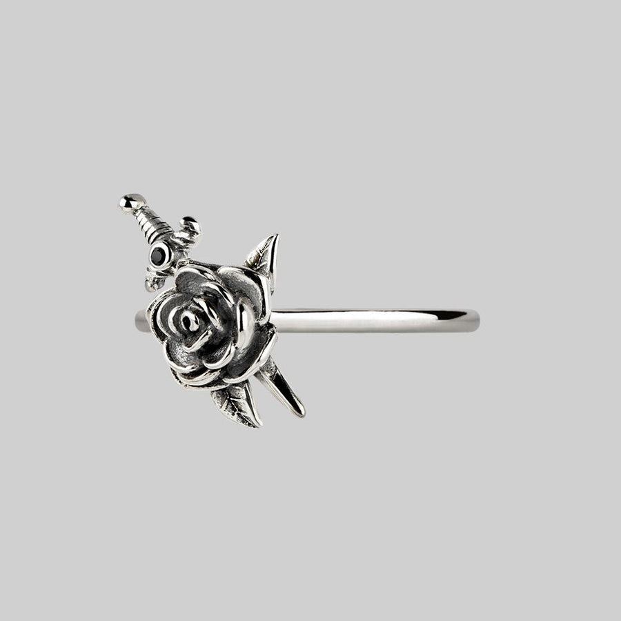 RHAPSODY. Dagger Through Rose Ring - Silver silver rose and dagger ring