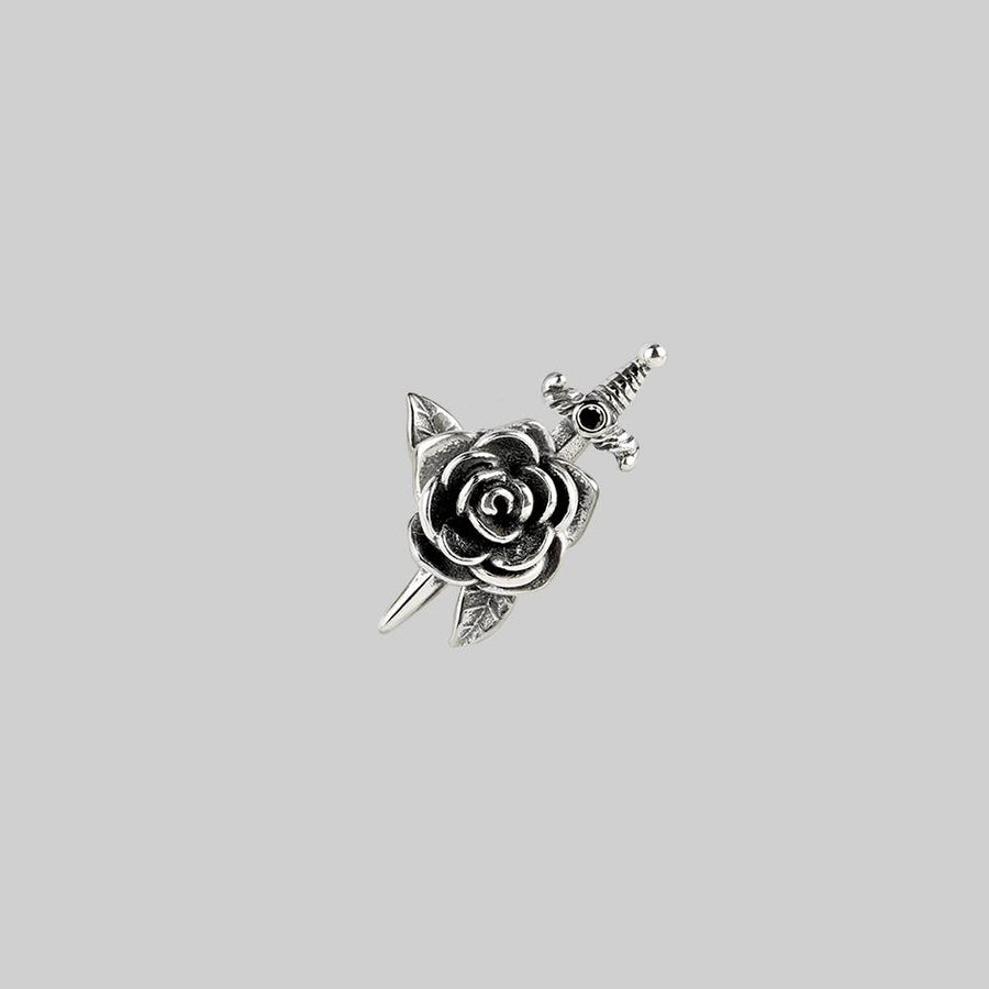 RHAPSODY. Dagger Through Rose Stud Earring - Silver helix stud with rose and dagger