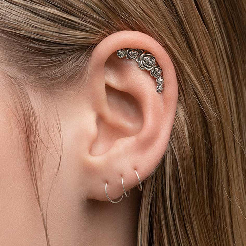 AMOR. Silver Rose Stem Stud Earring - Helix/Tragus