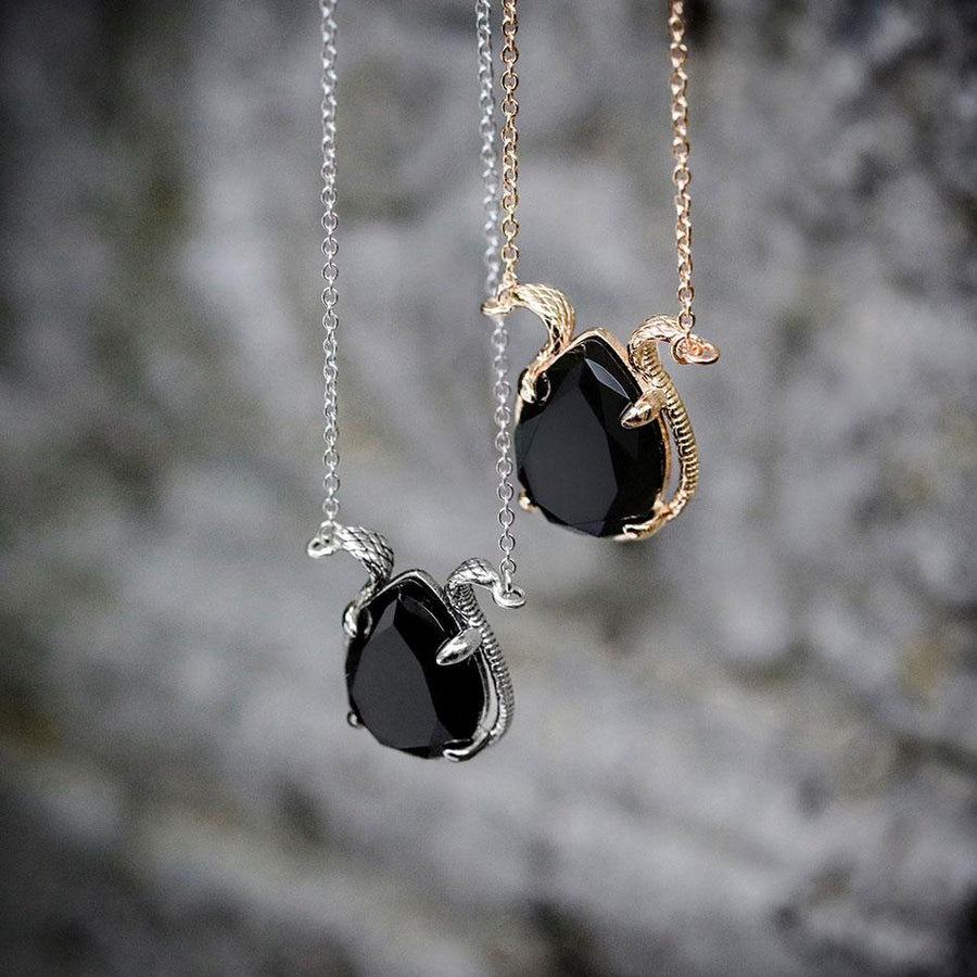 BITTERSWEET. Double Serpent Onyx Necklace - Silver snake detail gemstone necklace